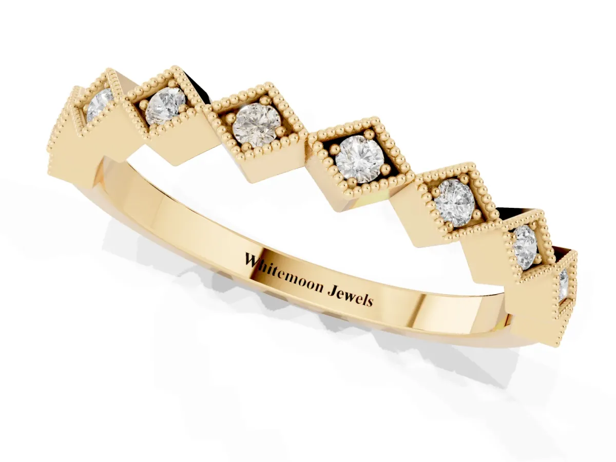 Milgrain Diamond Geometric Stackable Band with Round Cut Stones and Bezel Setting Yellow gold