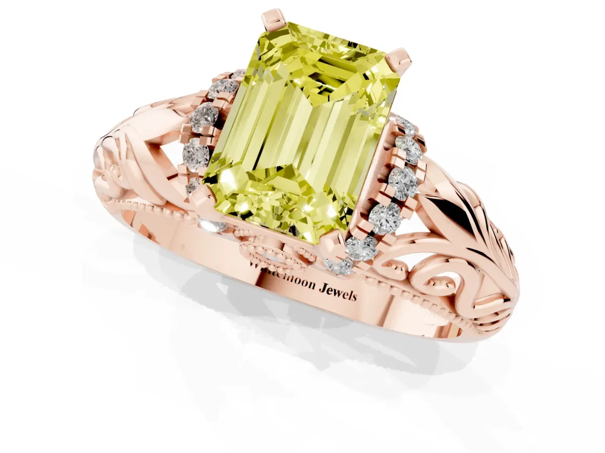 Fancy Yellow Emerald Cut Solitaire Filigree Engagement Ring with Halo and Prong Setting Rose gold