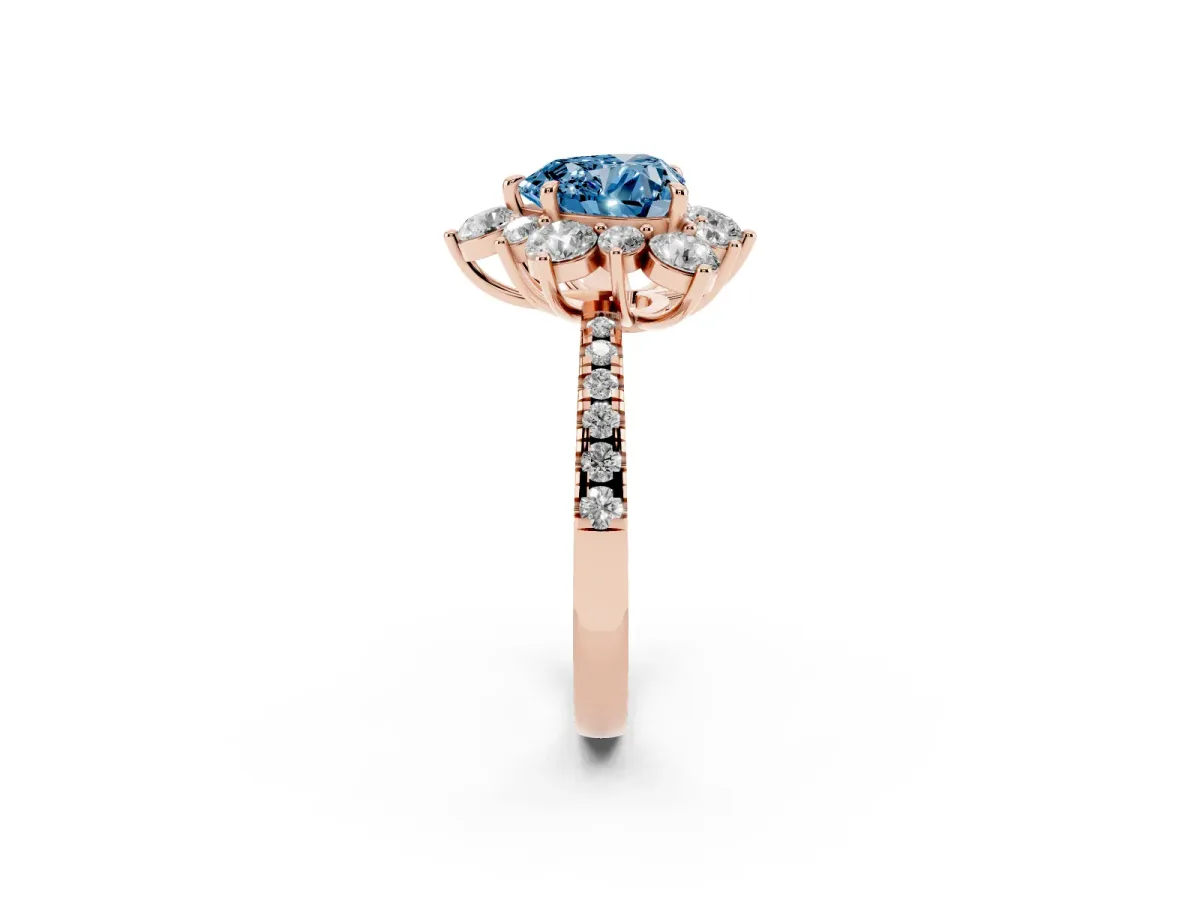 Fancy Blue Heart Cut Diamond Floral Halo Ring with Round Pavé Band and Prong Setting Rose gold