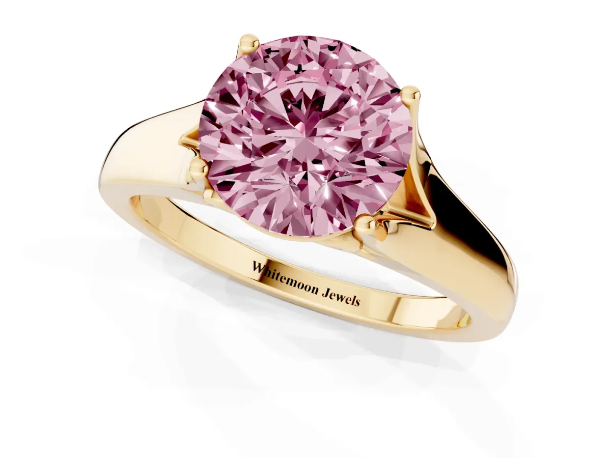 Fancy Pink Round Cut Solitaire Diamond Ring with Cathedral Band and Four-Prong Setting Yellow gold