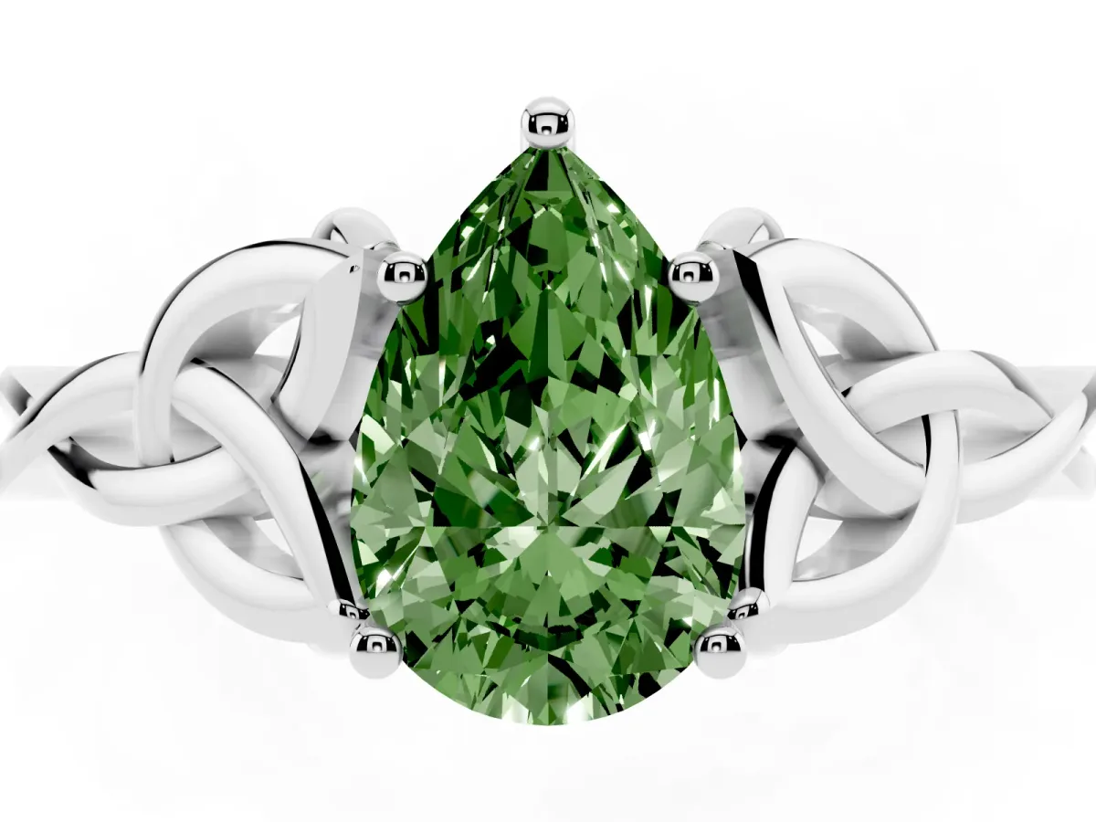 Fancy Green Pear Cut Diamond Solitaire Engagement Ring with Celtic Knot Band and Four-Prong Setting Platinum