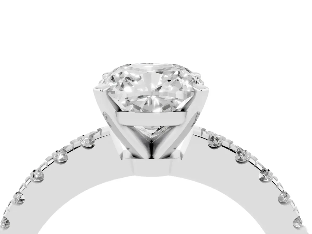 Cushion Cut Solitaire Diamond with Pavé Band and Four-Prong Setting Silver