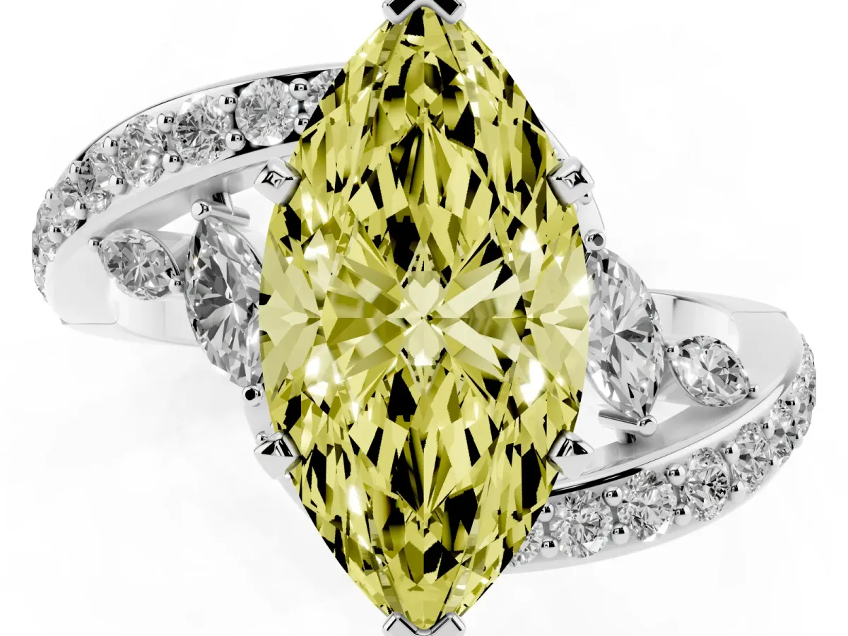 Fancy Yellow Marquise Cut Solitaire with Pavé Twist Band and Four-Prong Setting Platinum