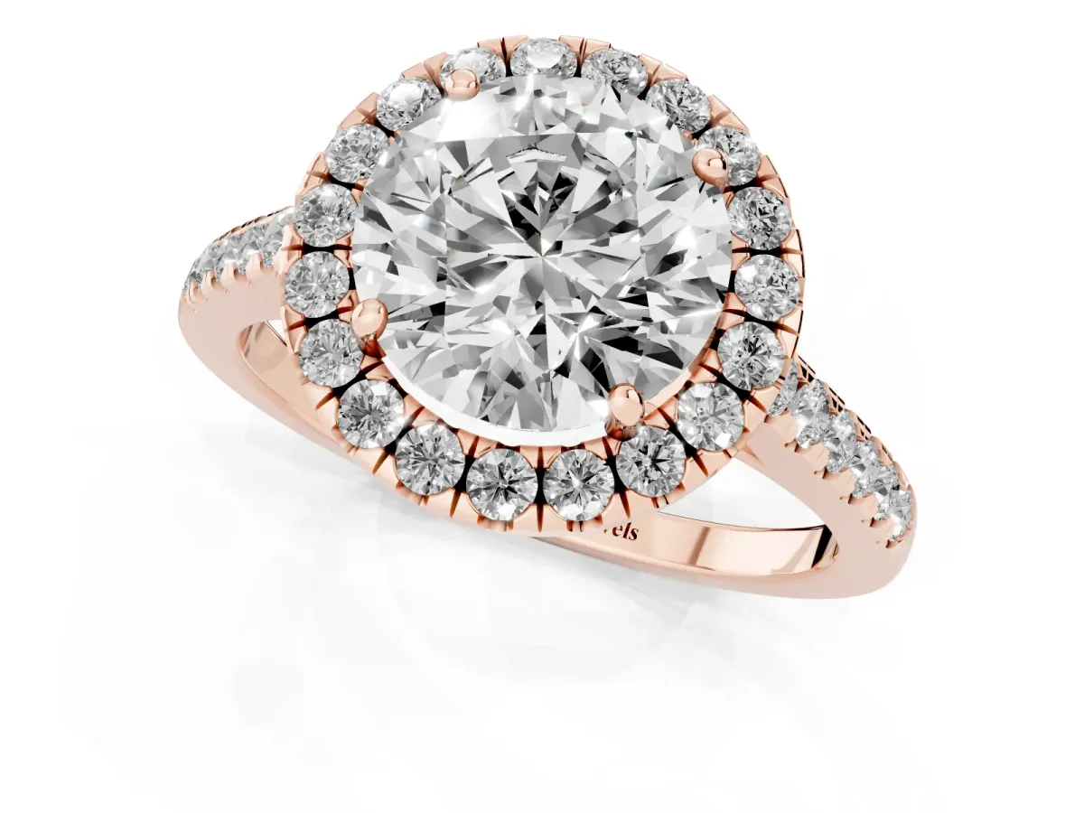 Round Cut Halo Pave Diamond Engagement Ring with Four-Prong Setting Rose gold