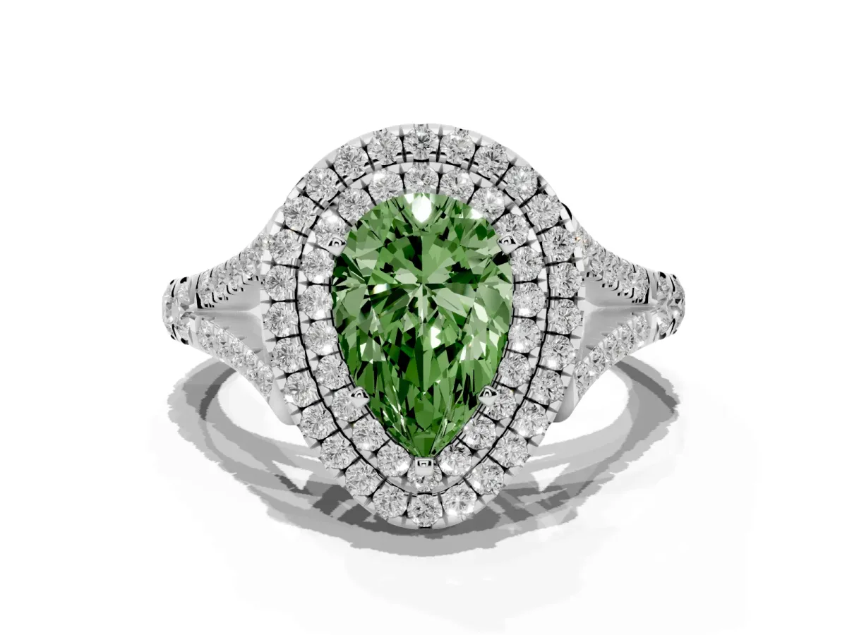 Fancy Green Pear Cut Diamond Double Halo Ring with Split Shank and Prong Setting Silver