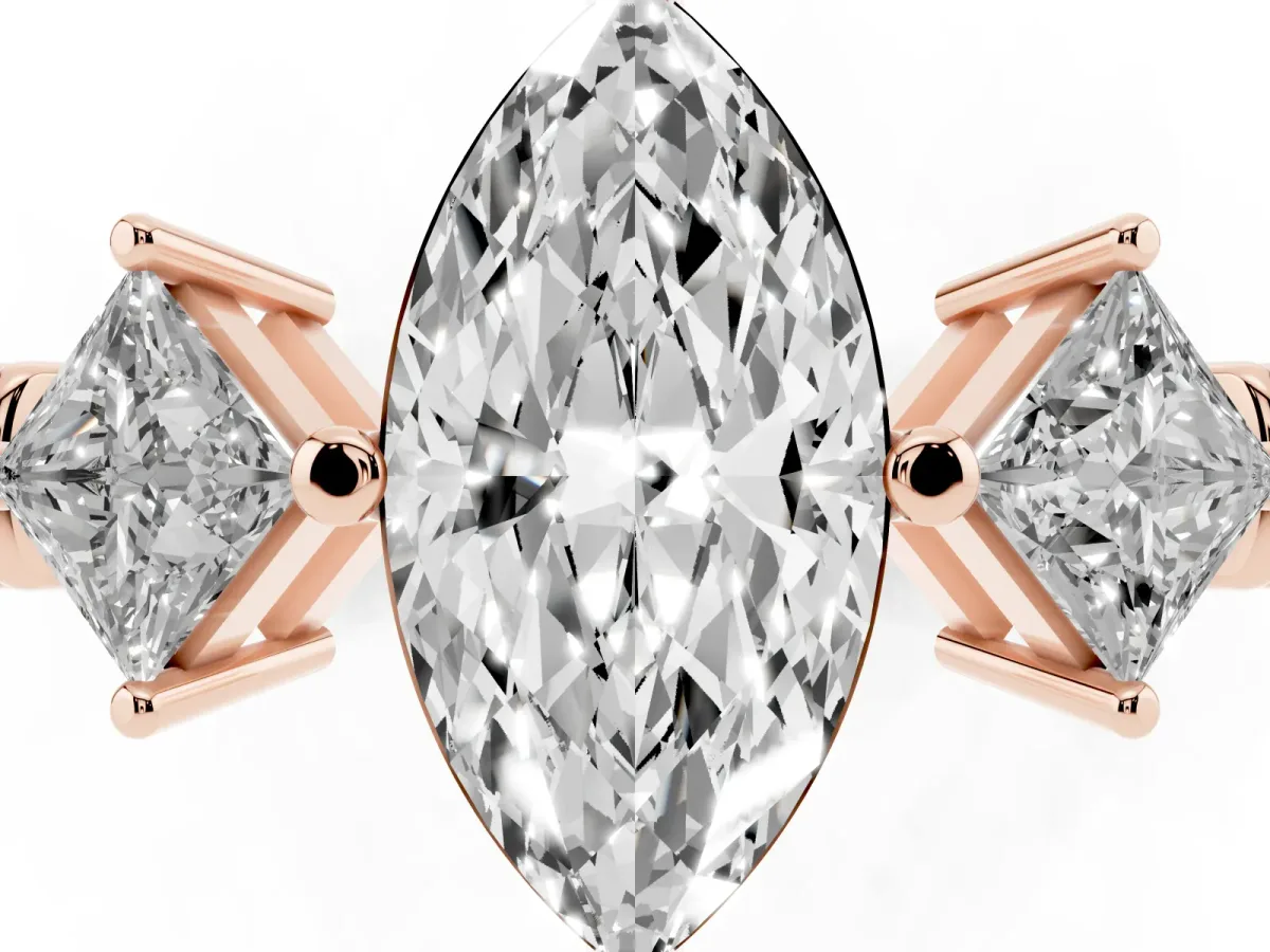 Three-Stone Marquise Cut and Princess Cut Diamond Ring with Channel Band and Four-Prong Setting Rose gold