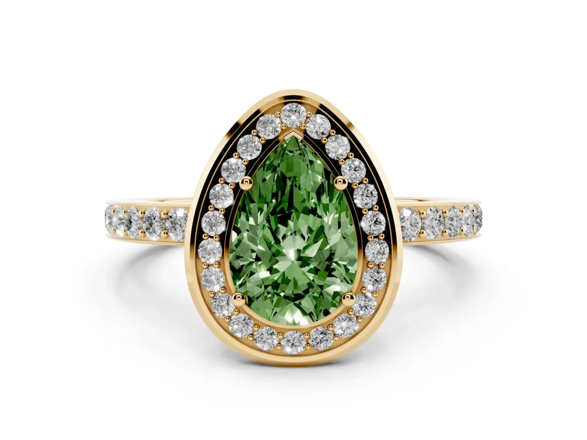 Fancy Green Pear Cut Diamond Halo Ring with Bezel Frame and Pavé Band Yellow gold
