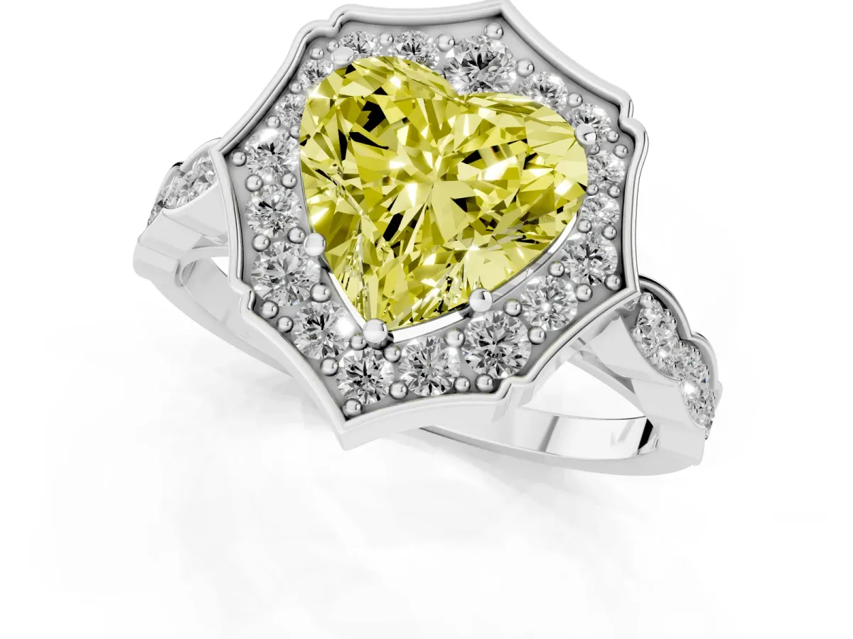 Fancy Yellow Heart Cut Halo Diamond Engagement Ring with Milgrain Band and Four-Prong Setting Platinum