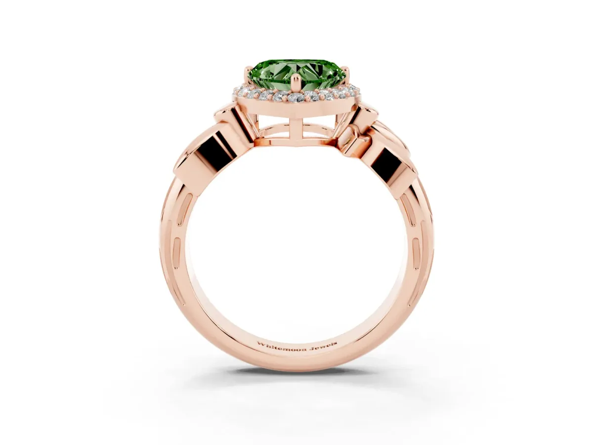 Fancy Green Heart Cut Halo Diamond Floral Band with Four-Prong Setting Rose gold
