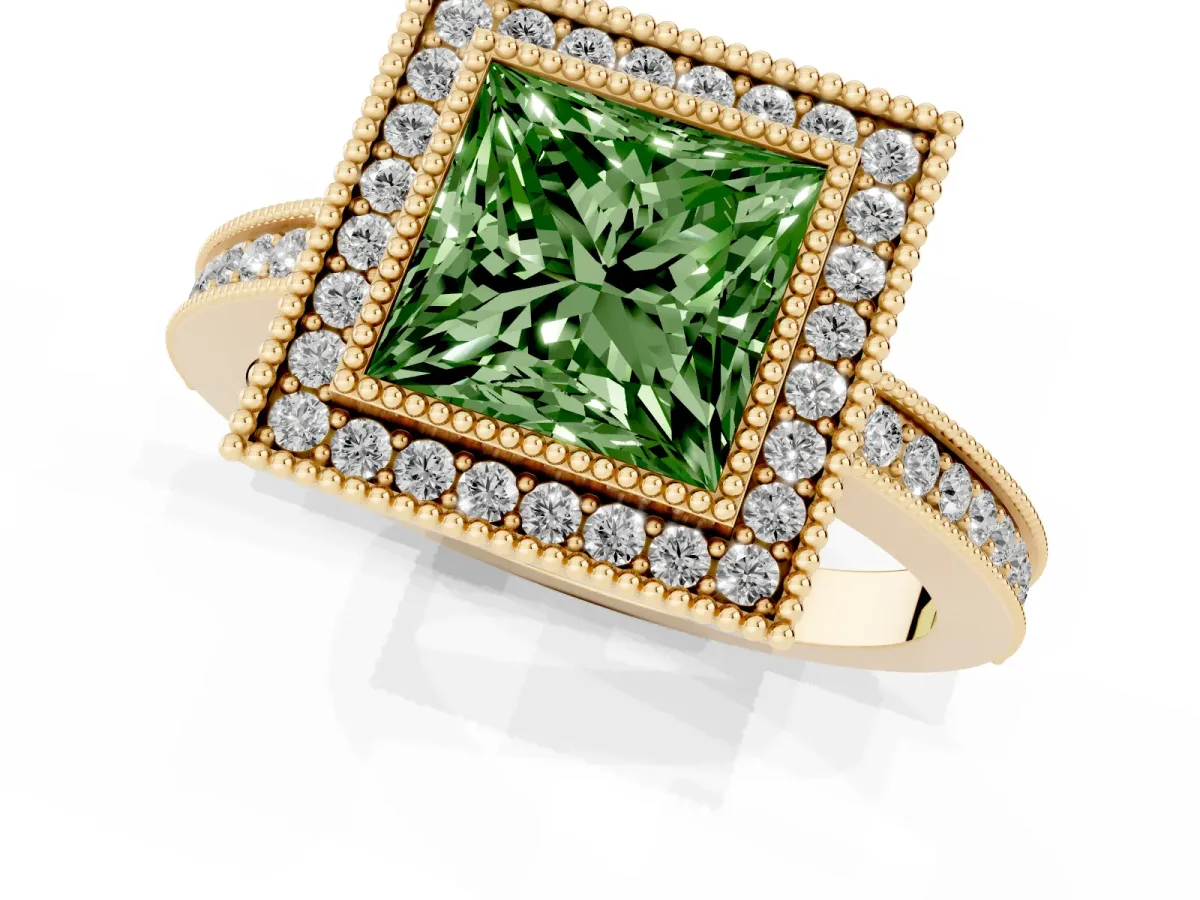 Fancy Green Princess Cut Cut Halo Diamond Ring with Pavé Band and Milgrain Prong Setting Yellow gold