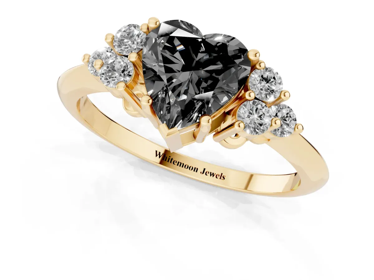 Fancy Black Heart Cut Cut Diamond Cluster Ring with Solitaire Band and Four-Prong Setting Yellow gold