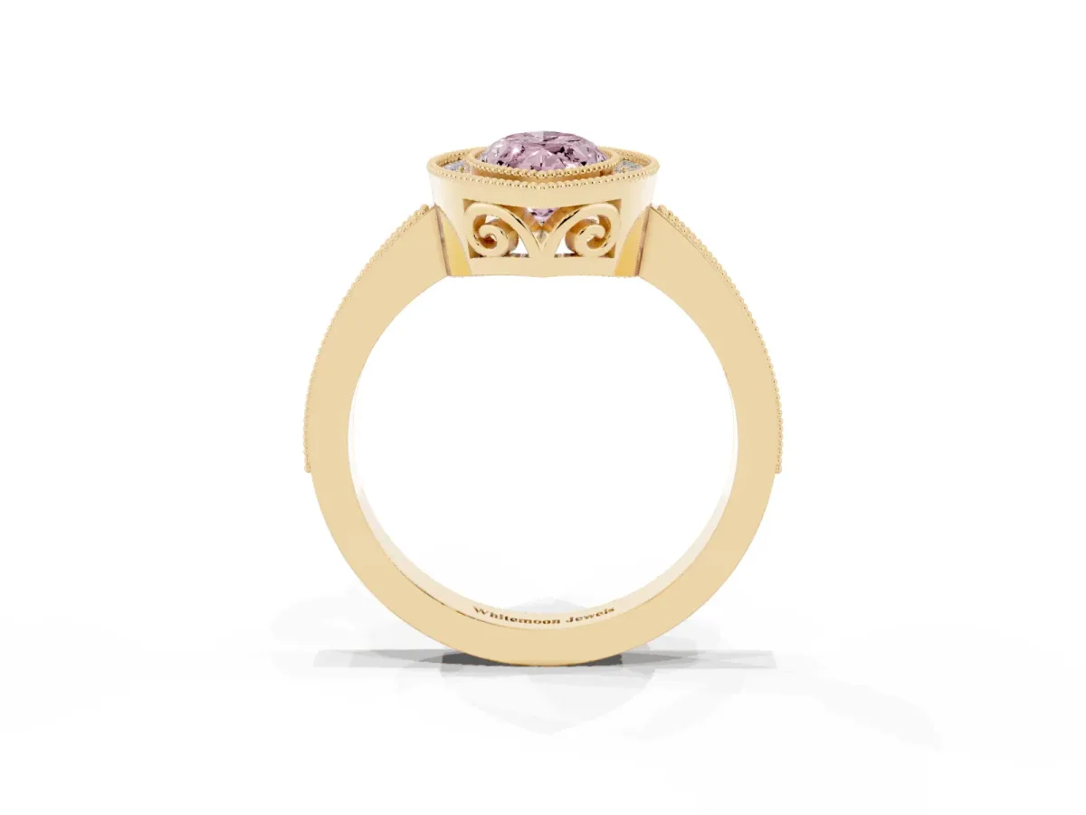 Fancy Pink Marquise Cut Cut Halo Diamond Ring with Pavé Band and Milgrain Prong Setting Yellow gold