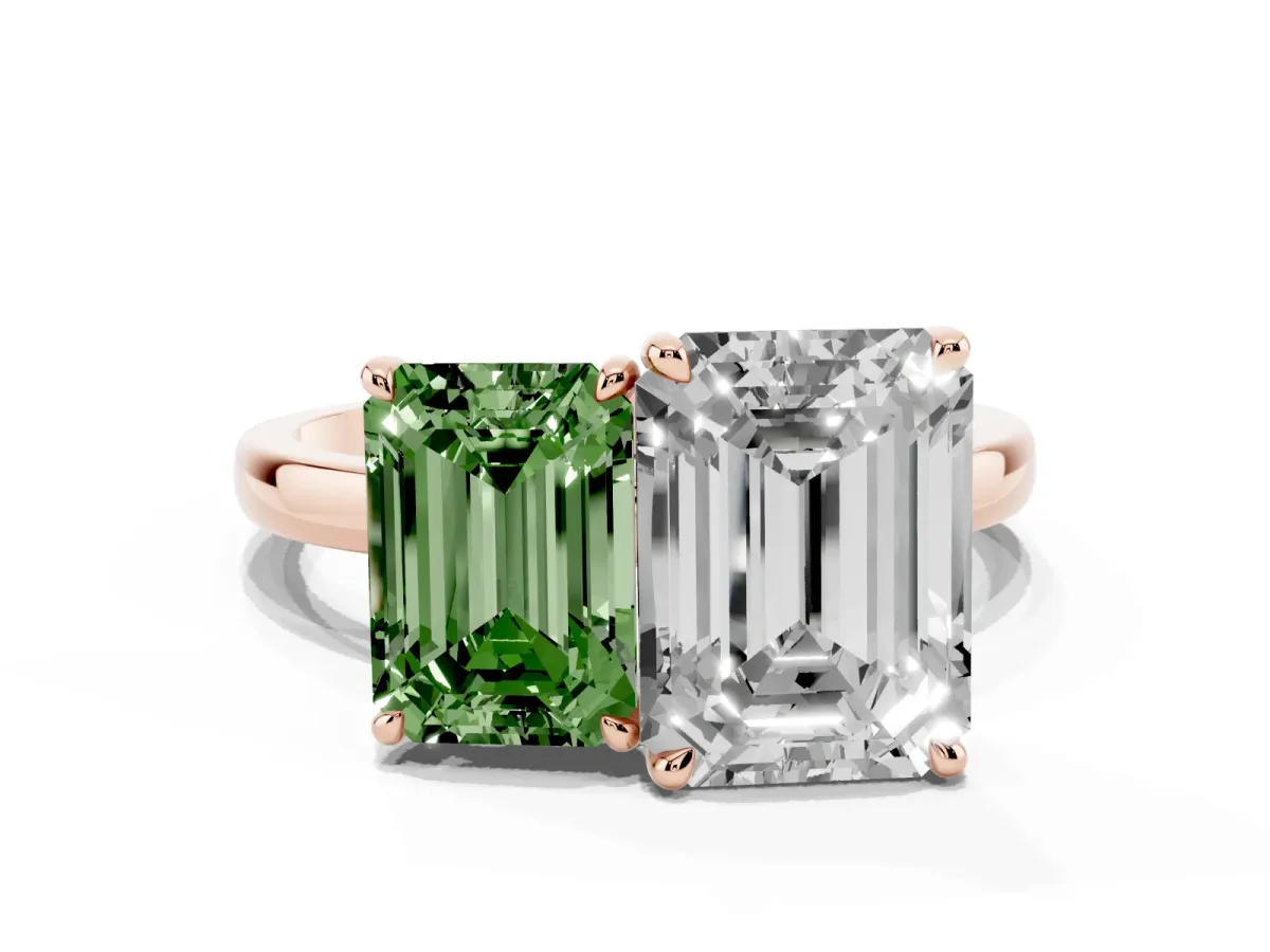 Fancy Green Emerald Cut and Emerald Cut Toi Moi Ring with Prong Setting Rose gold
