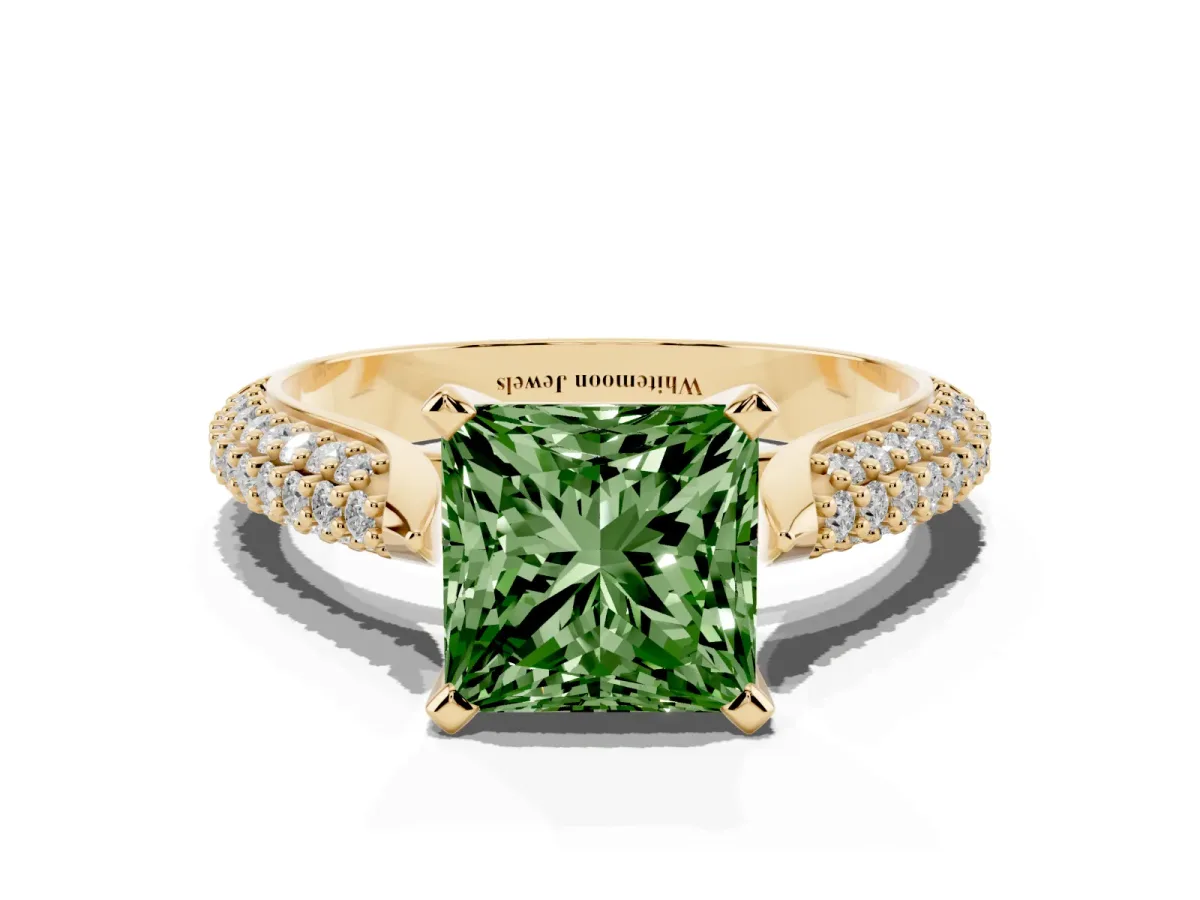 Fancy Green Princess Cut Diamond Solitaire Engagement Ring with Multi-Row Round Pavé Band and Prong Setting Yellow gold