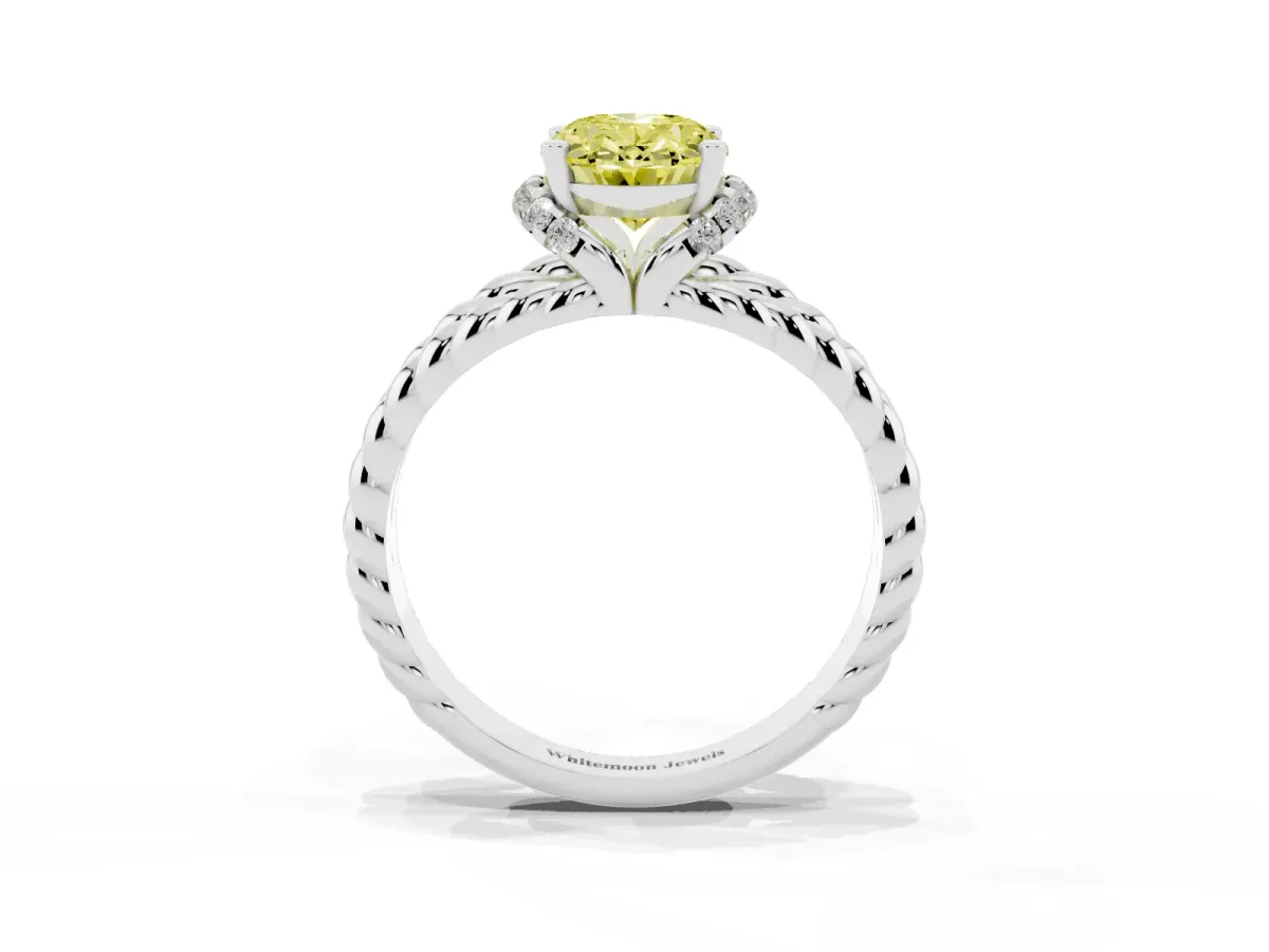 Fancy Yellow Oval Cut Halo Twisted Band Four-Prong Ring Silver