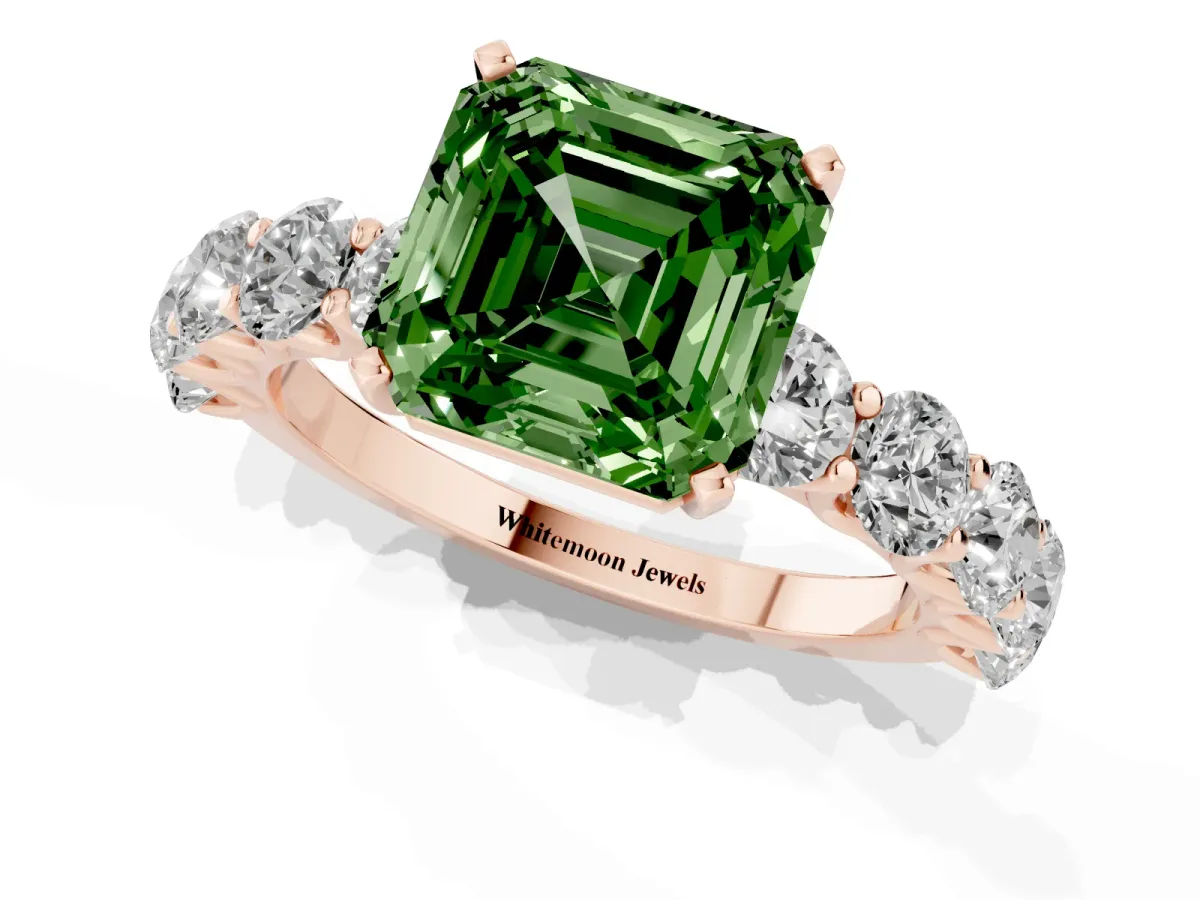 Fancy Green Asscher Cut Diamond Prong Setting with Side Stones on a Pave Band Rose gold
