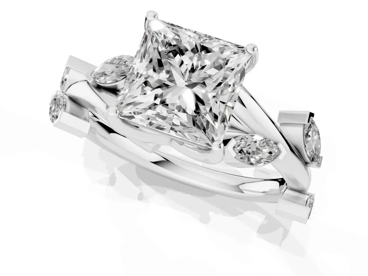 Princess Cut Solitaire Twisted Band Marquise Accent Prong Setting Ring Platinum