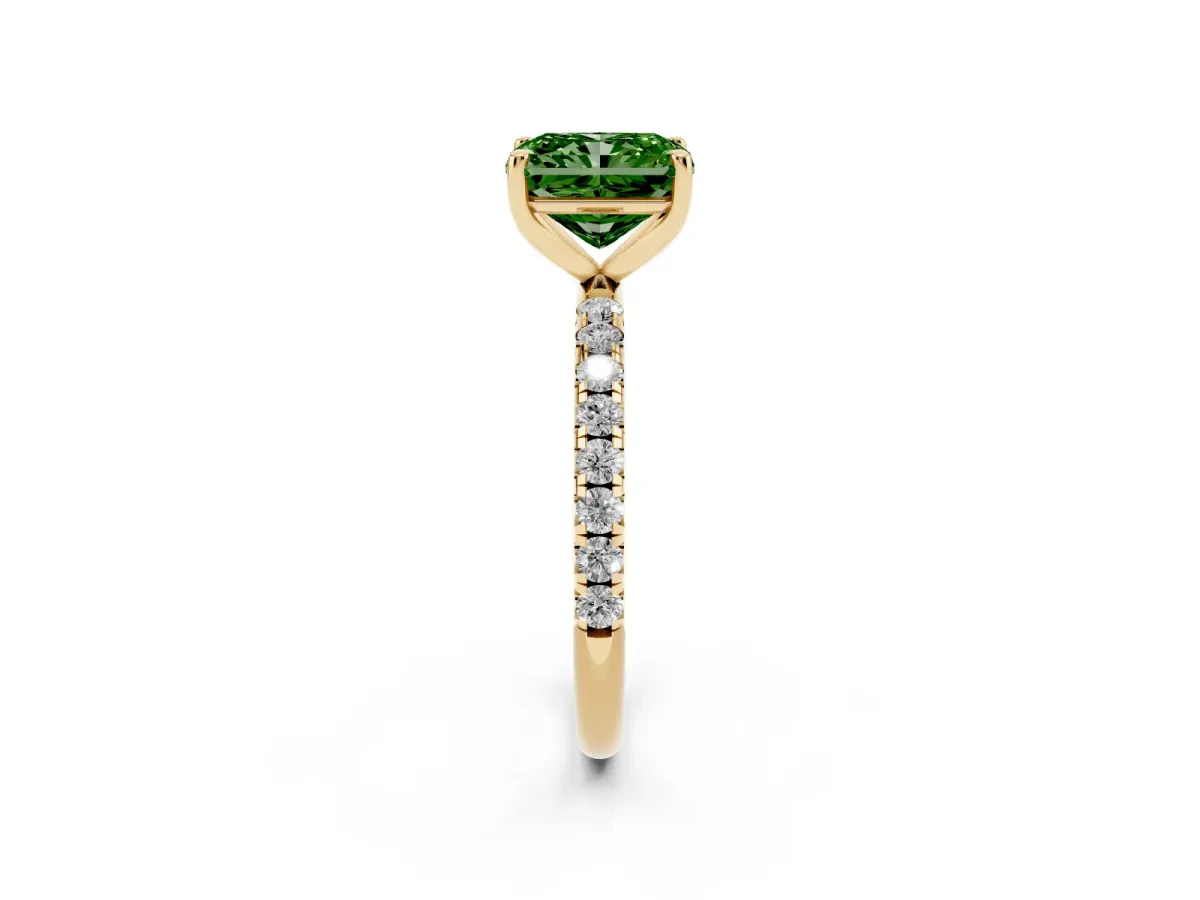 Fancy Green Radiant Cut Cut Diamond Solitaire Ring with Micro Pave Band and Four Prong Setting Yellow gold