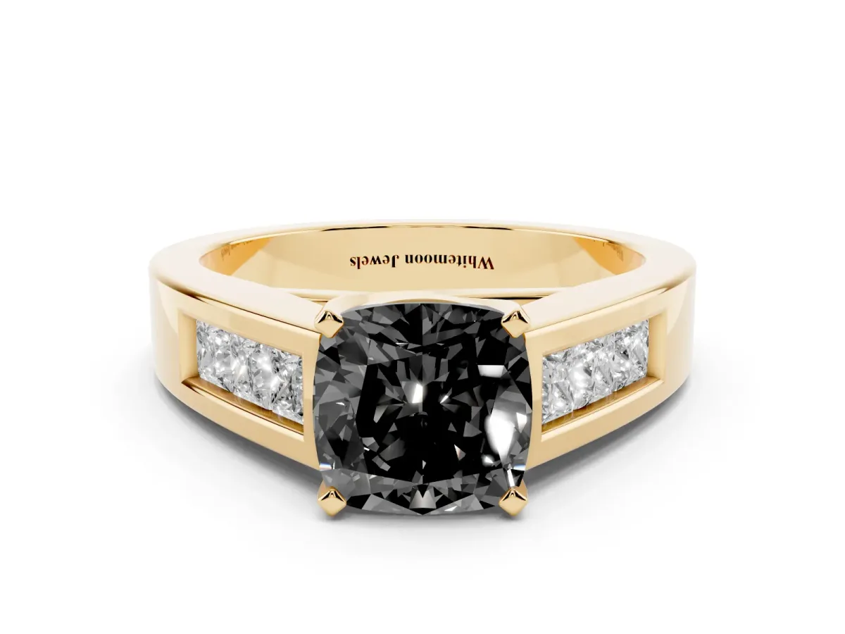 Fancy Black Cushion Cut Cut Channel Set Solitaire Ring with Four-Prong Setting Yellow gold