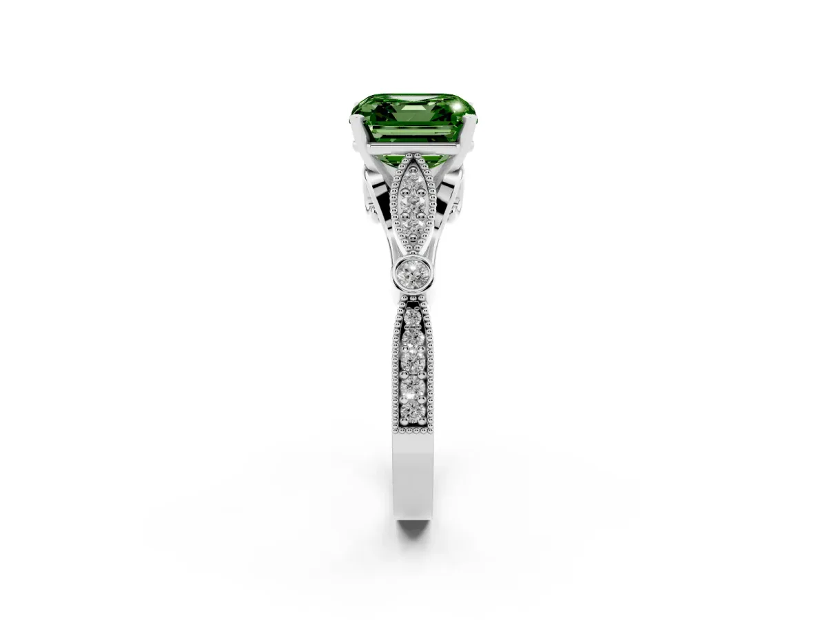 Fancy Green Asscher Cut Cut Diamond with Milgrain Marquise and Bezel Accents on a Solitaire Band with Prong Setting Platinum