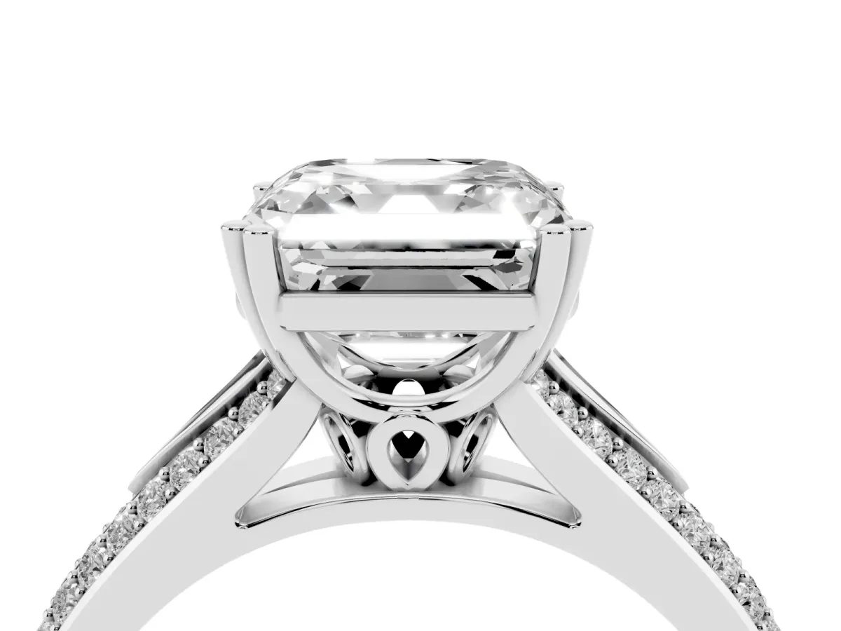 Asscher Cut Diamond Split Shank Engagement Ring with Pavé Band White gold