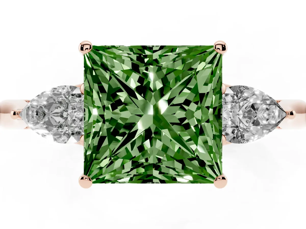 Fancy Green Three-Stone Princess Cut Diamond Ring with Pear Side Stones in Four-Prong Setting Rose gold