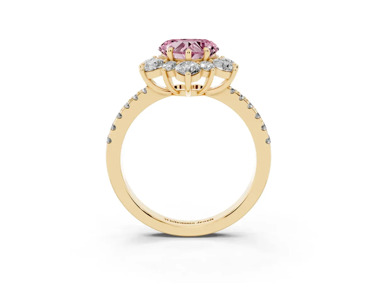 Fancy Pink Heart Cut Diamond Floral Halo Ring with Round Pavé Band and Prong Setting Yellow gold