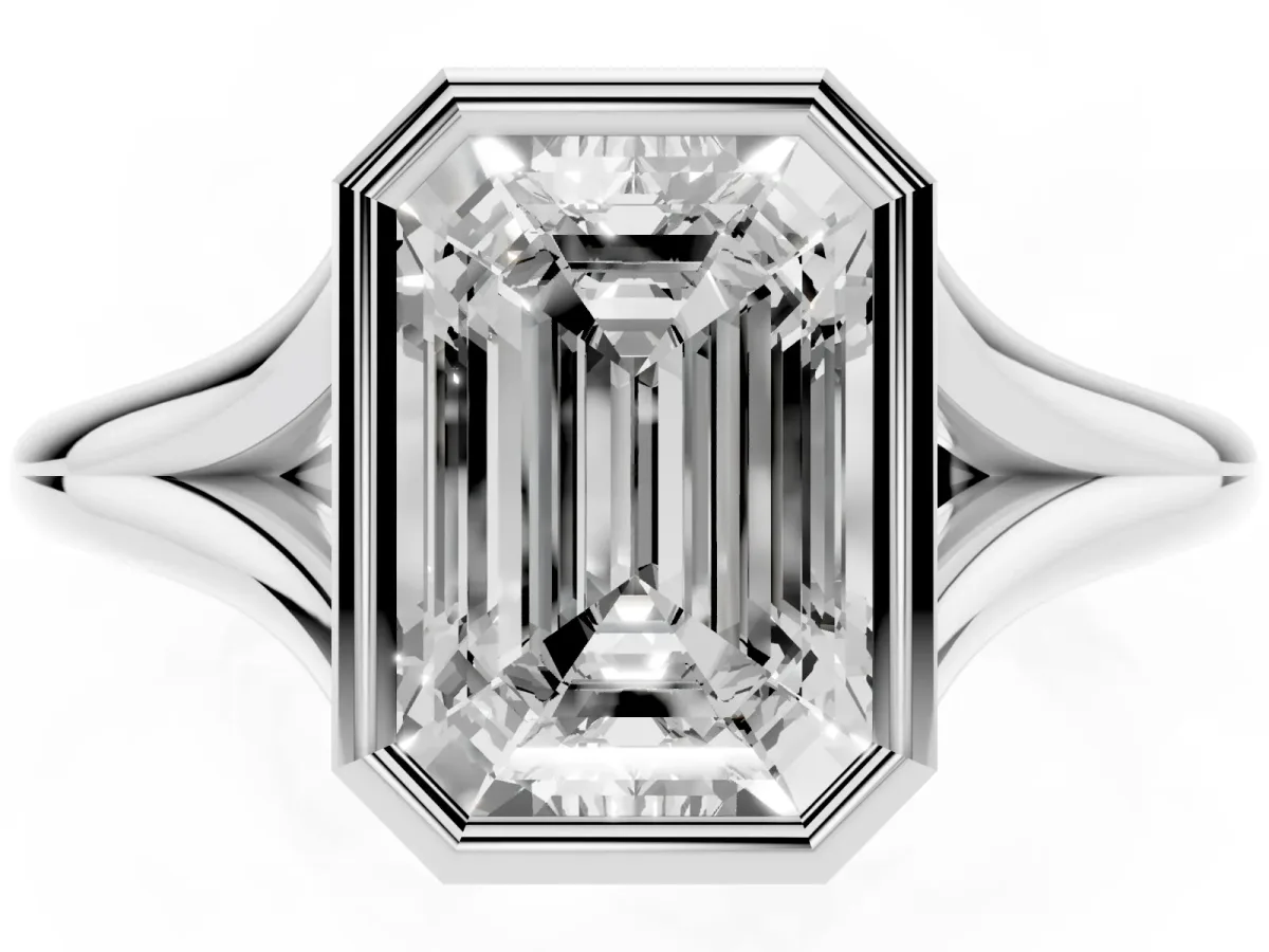 Bezel Set Emerald Cut Cut Solitaire Ring with Tapered Band Silver
