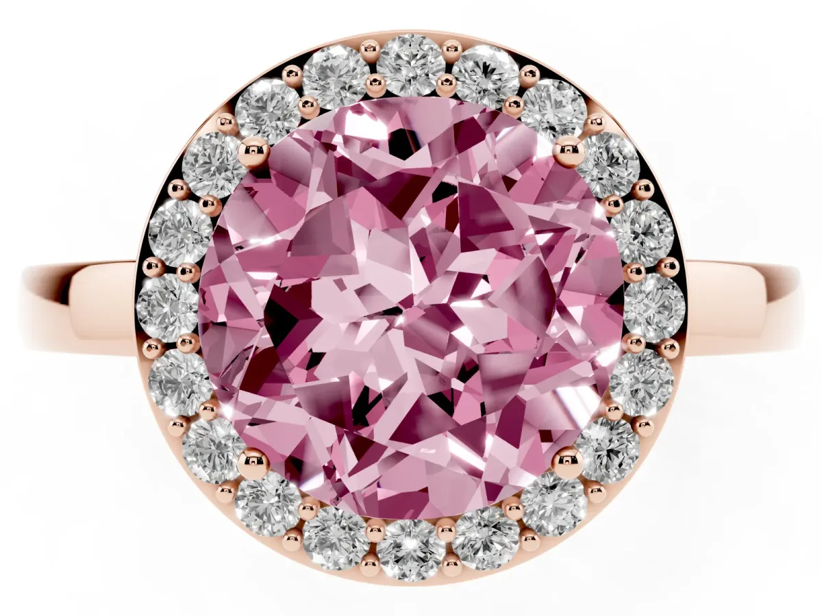 Fancy Pink Round Cut Halo Diamond Ring with Solitaire Band and Prong Setting Rose gold