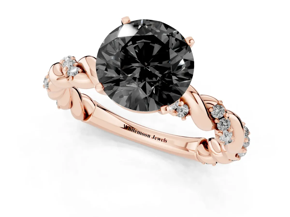 Fancy Black Round Cut Diamond Solitaire Ring with Twisted Band and Pavé Accents Rose gold