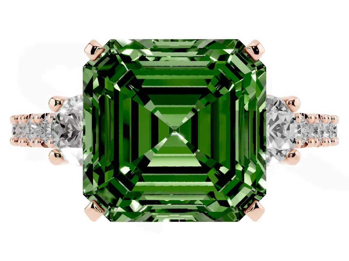 Fancy Green Asscher Cut Three-Stone Diamond Pavé Band with Prong Setting Rose gold