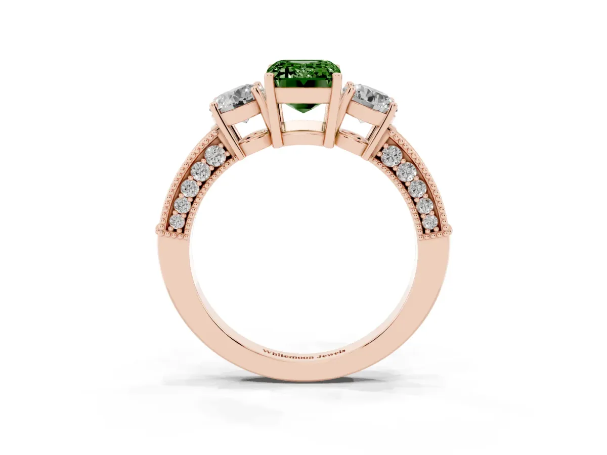 Fancy Green Emerald Cut Three-Stone Diamond Ring with Pavé Band and Four-Prong Setting Rose gold