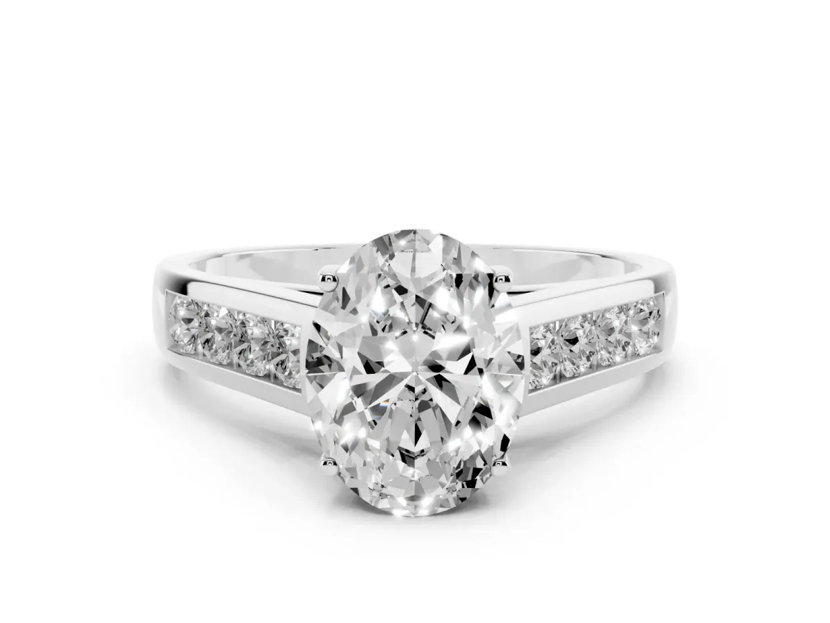 Oval Cut Brilliant Channel-Set Solitaire Ring with Four-Prong Setting Silver