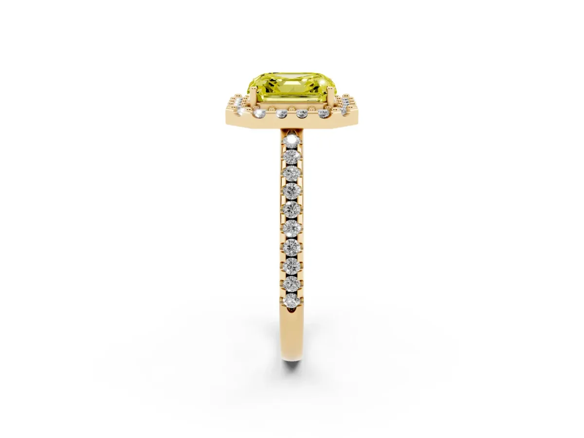 Fancy Yellow Asscher Cut Diamond Pavé Halo Ring with Four-Prong Setting Yellow gold