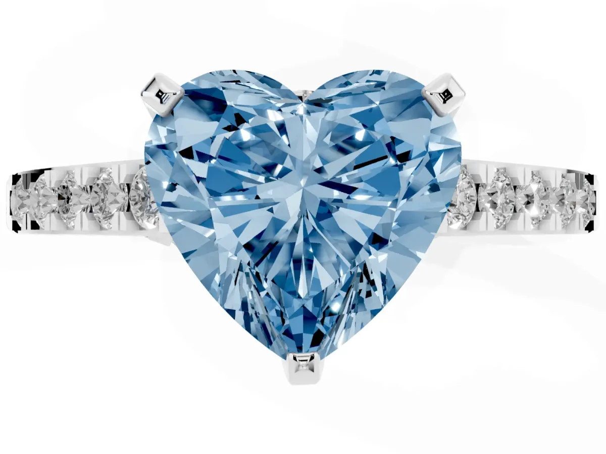 Fancy Blue Heart Cut Diamond Solitaire Ring with Crossover Gallery and Round Pavé Band Platinum