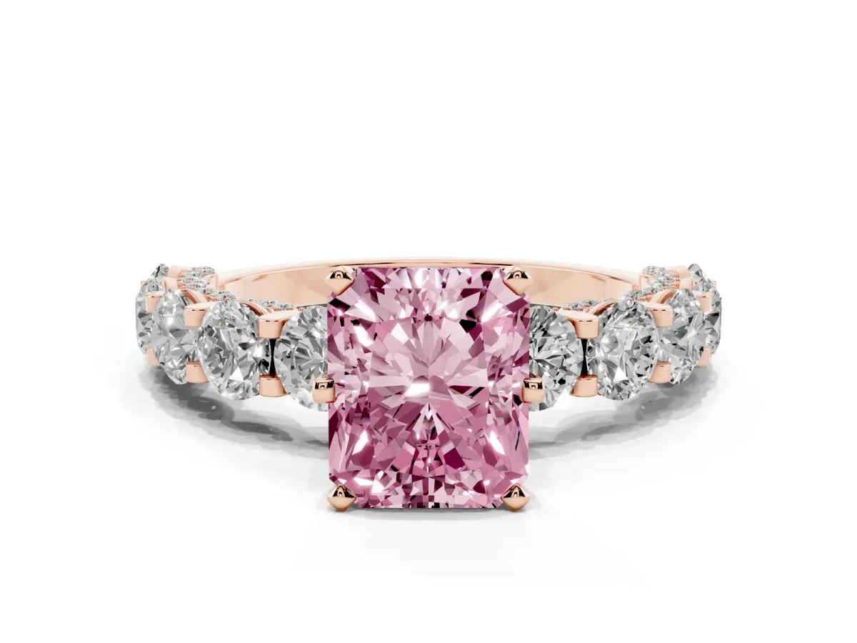 Fancy Pink Radiant Cut Diamond Side Stone Engagement Ring with Four-Prong Setting Rose gold