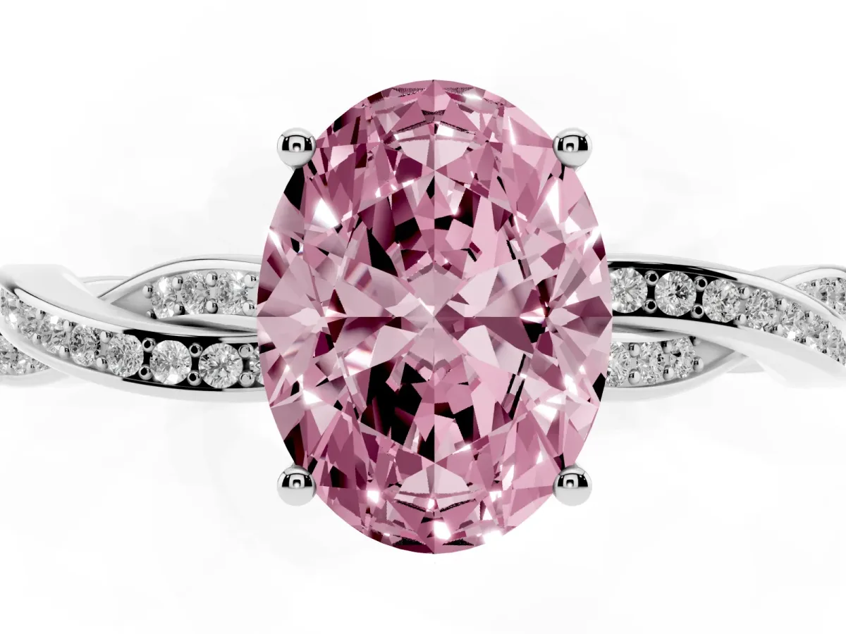 Fancy Pink Oval Cut Solitaire Twisted Pave Diamond Ring with Four-Prong Setting White gold