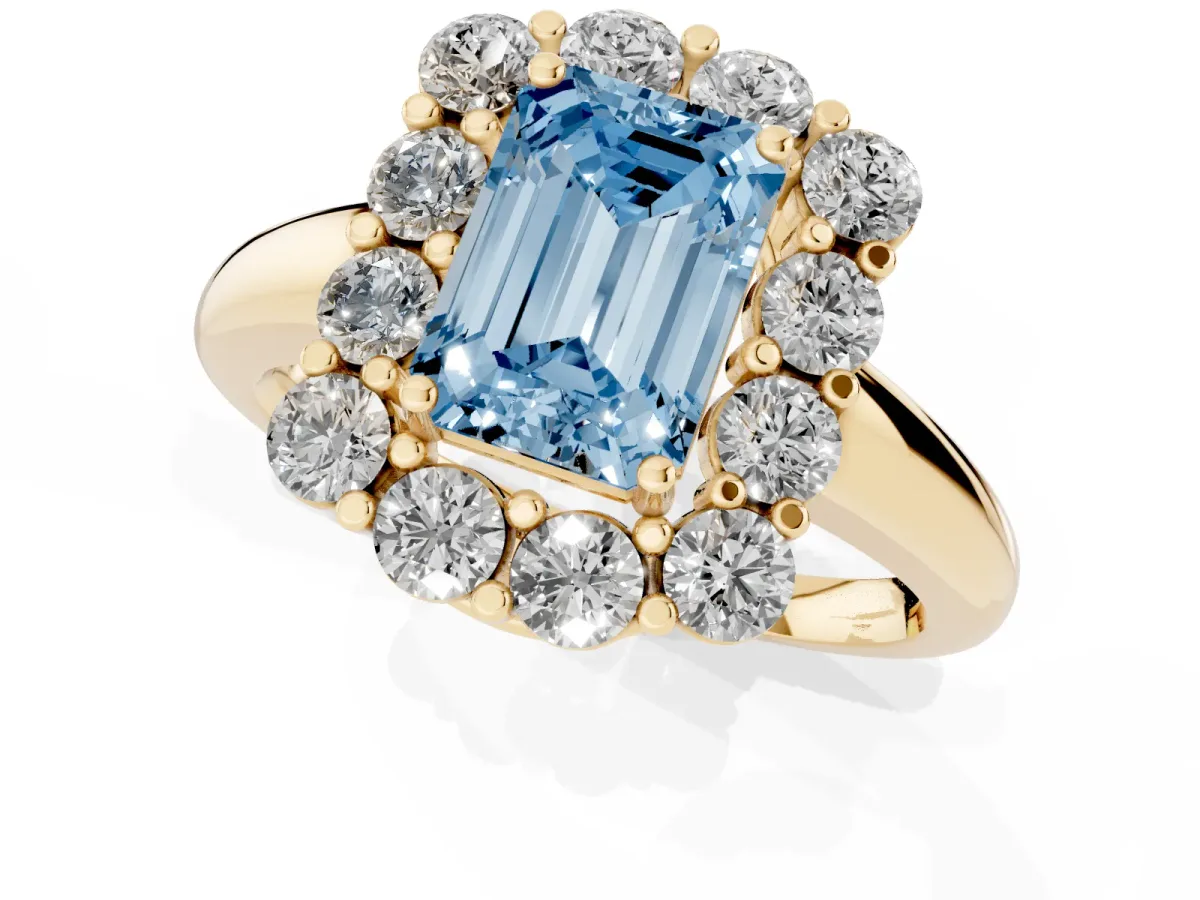 Fancy Blue Emerald Cut Halo Cluster Diamond Engagement Ring with Prong Setting and Polished Band Yellow gold