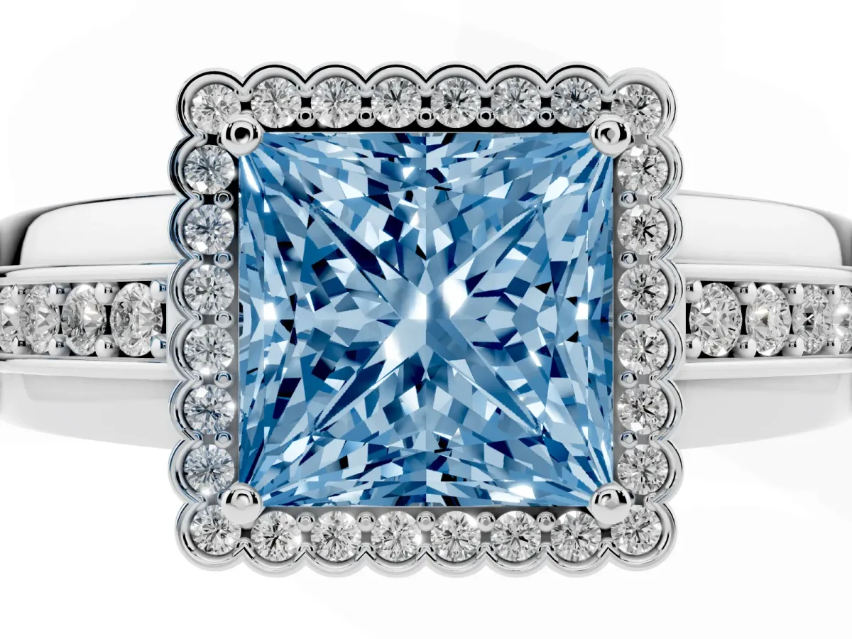 Fancy Blue Princess Cut Cut Halo Pave Band Four-Prong Ring White gold