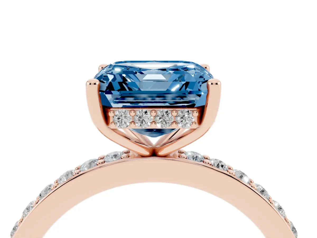 Fancy Blue Asscher Cut Cut Diamond Pavé Band Ring with Four-Prong Setting Rose gold