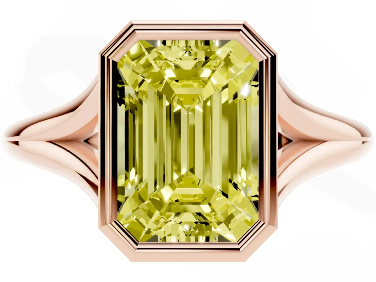 Fancy Yellow Bezel Set Emerald Cut Cut Solitaire Ring with Tapered Band Rose gold