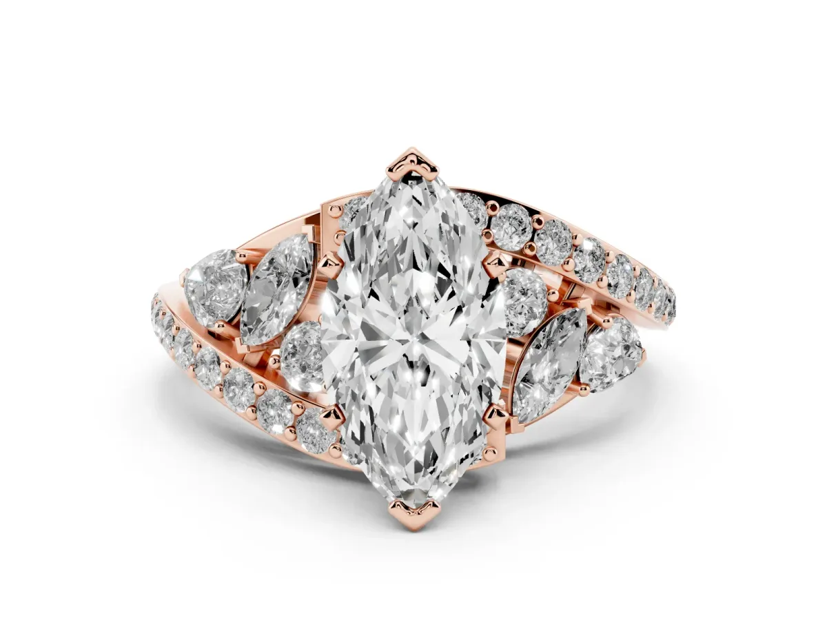 Marquise Cut Diamond Halo Ring with Marquise and Pavé Band in Prong Setting Rose gold