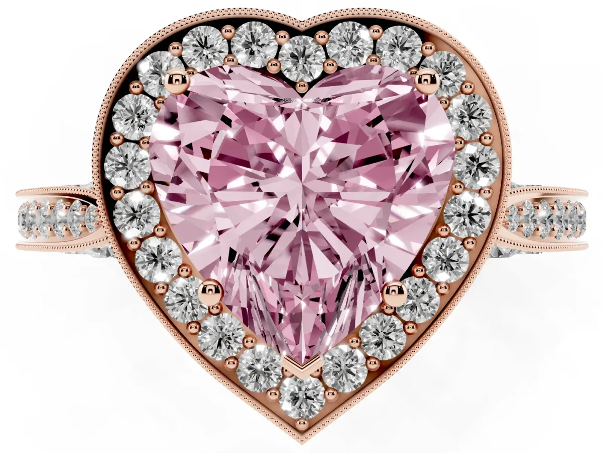 Fancy Pink Heart Cut Halo Diamond Engagement Ring with Split Shank Band and Four-Prong Setting Rose gold