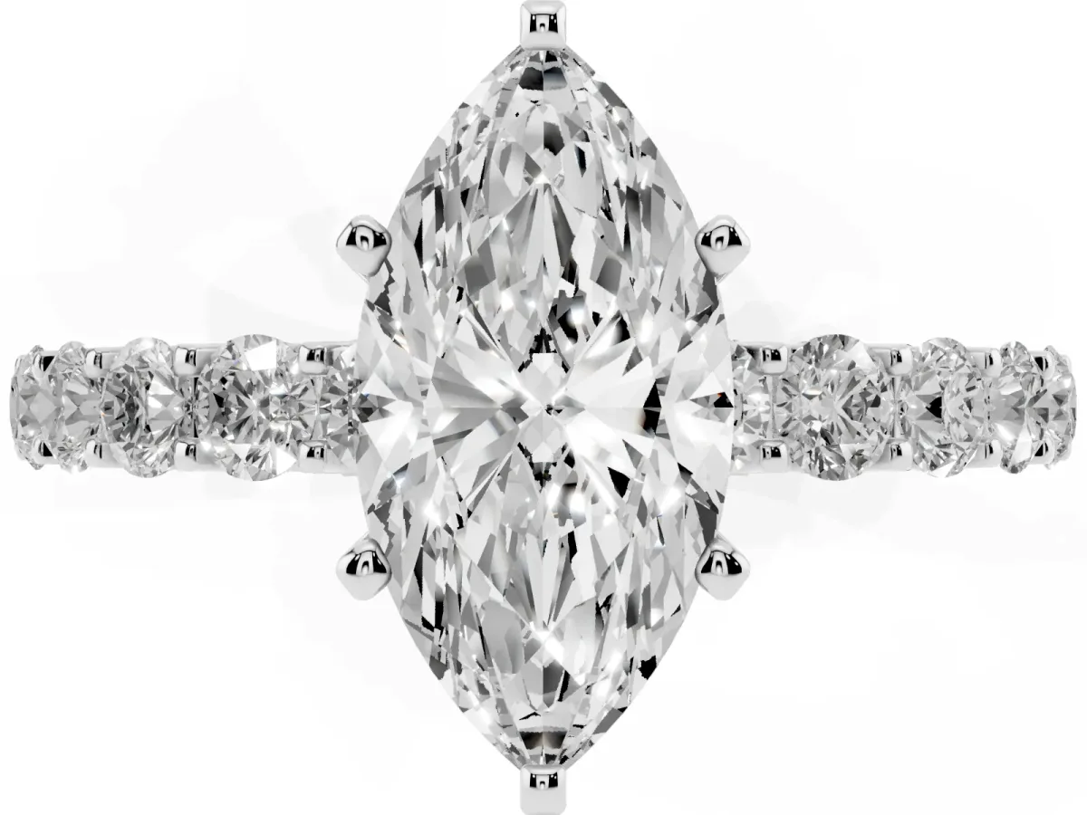 Marquise Cut Diamond Solitaire Ring with Shared Prong Pavé Band and Four-Prong Setting Platinum
