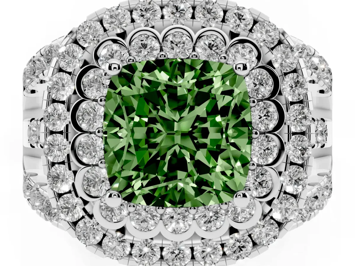 Fancy Green Cushion Cut Diamond Double Halo Ring with Round Pavé Split Shank and Prong Setting Silver