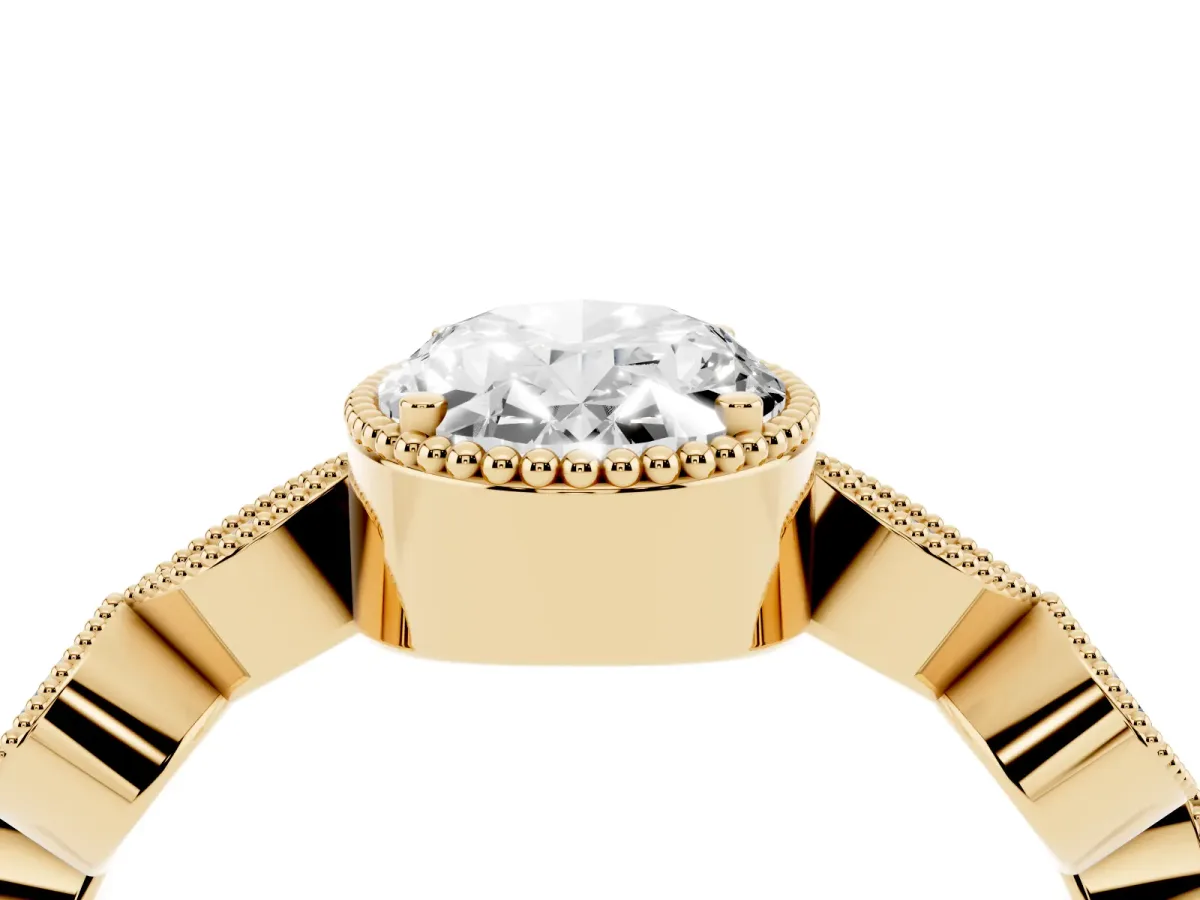 Oval Cut Diamond Vintage Milgrain Ring with Round Stations Yellow gold