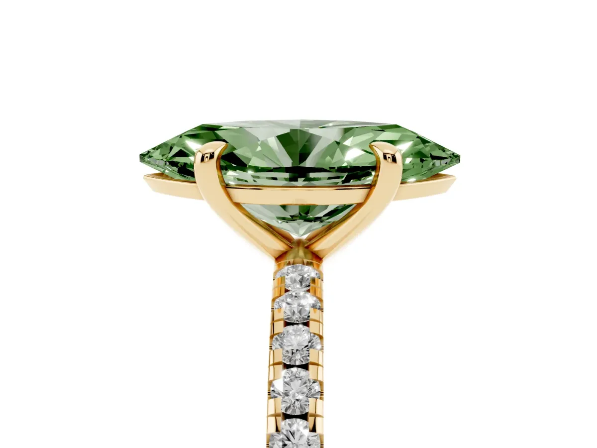 Fancy Green Marquise Cut Diamond Brilliant Solitaire Ring with Pavé Band and Four-Prong Setting Yellow gold