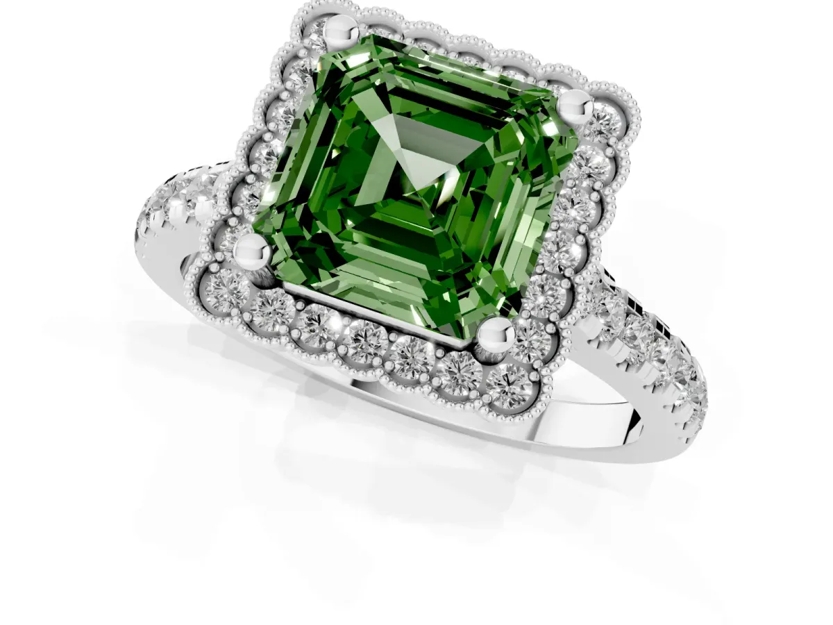 Fancy Green Asscher Cut Cut Diamond Milgrain Floral Halo Engagement Ring with Pavé Band Silver