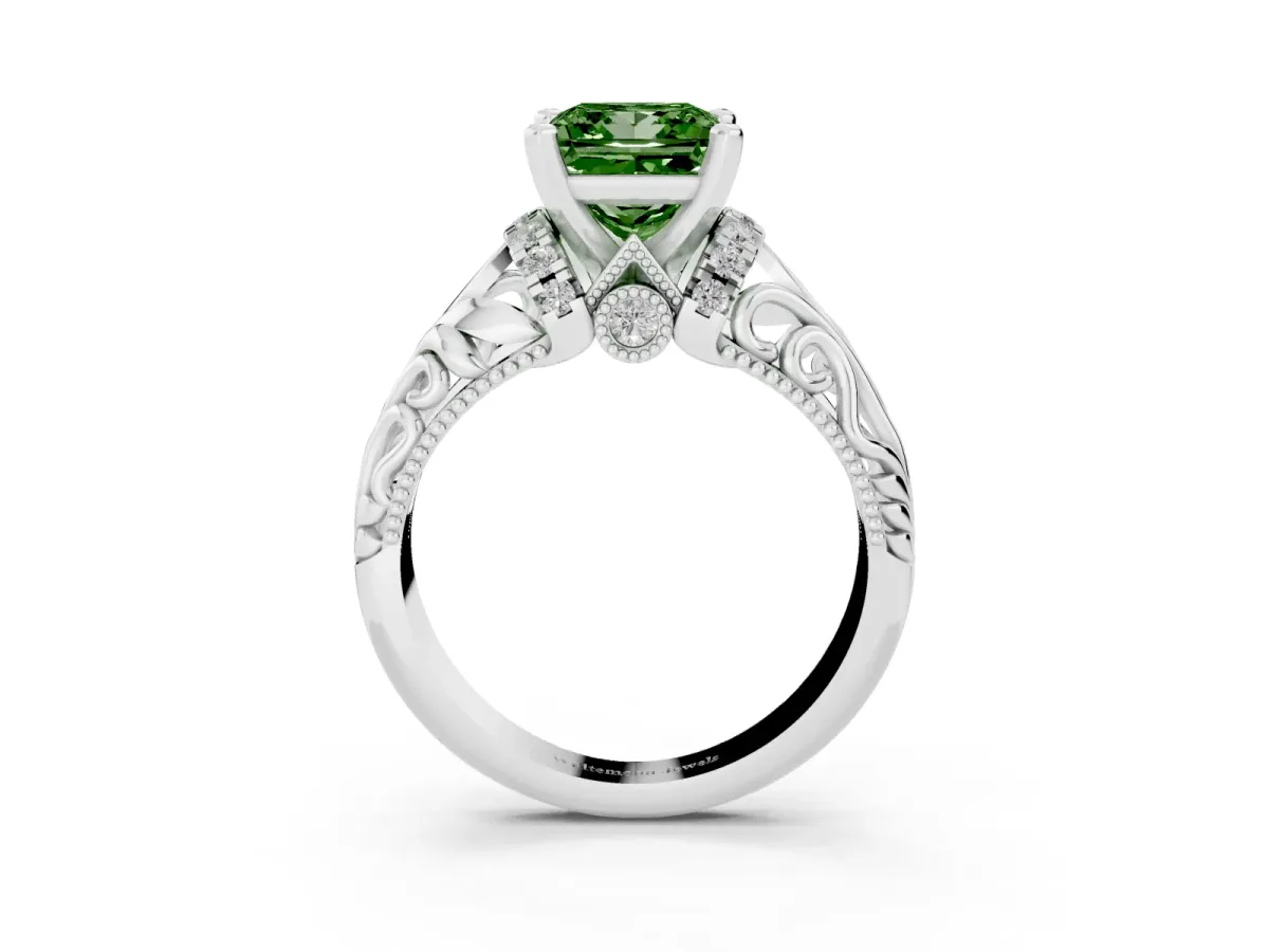 Fancy Green Princess Cut Solitaire Filigree Engagement Ring with Halo and Prong Setting Silver