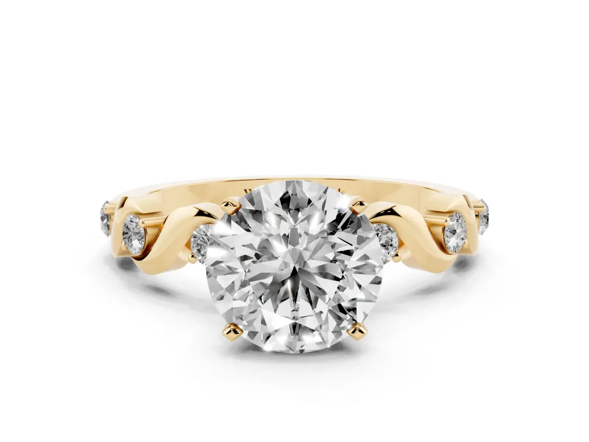 Round Cut Diamond Solitaire Twisted Band with Round Accents and Prong Setting Yellow gold